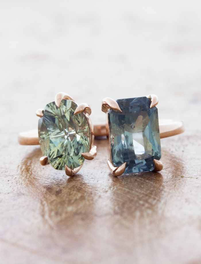 caption:Customized with blue-green sapphires in 14k rose gold
