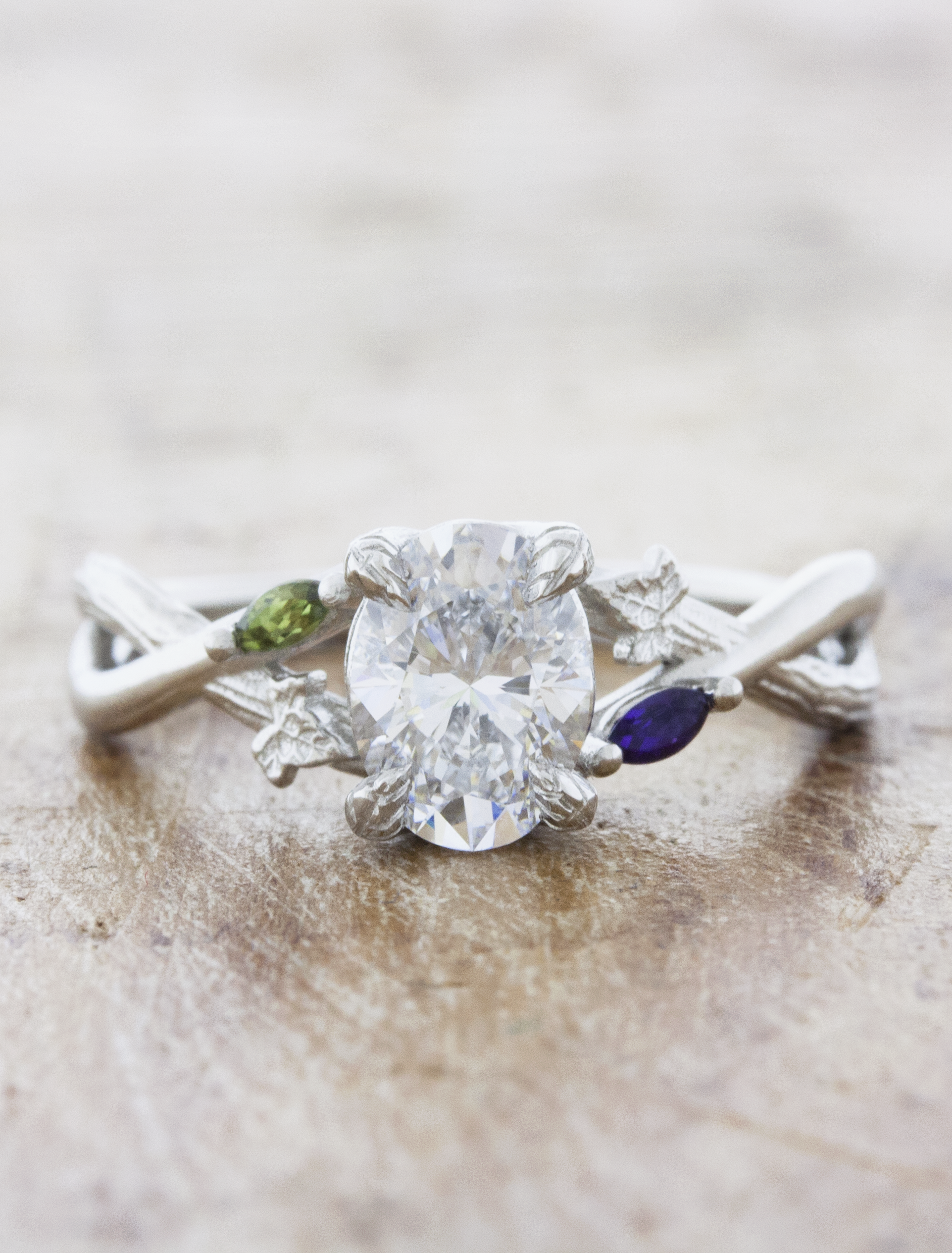 Carina: Nature-Inspired Oval Split Shank Engagement Ring with Gemstone Accents Ken Dana Design