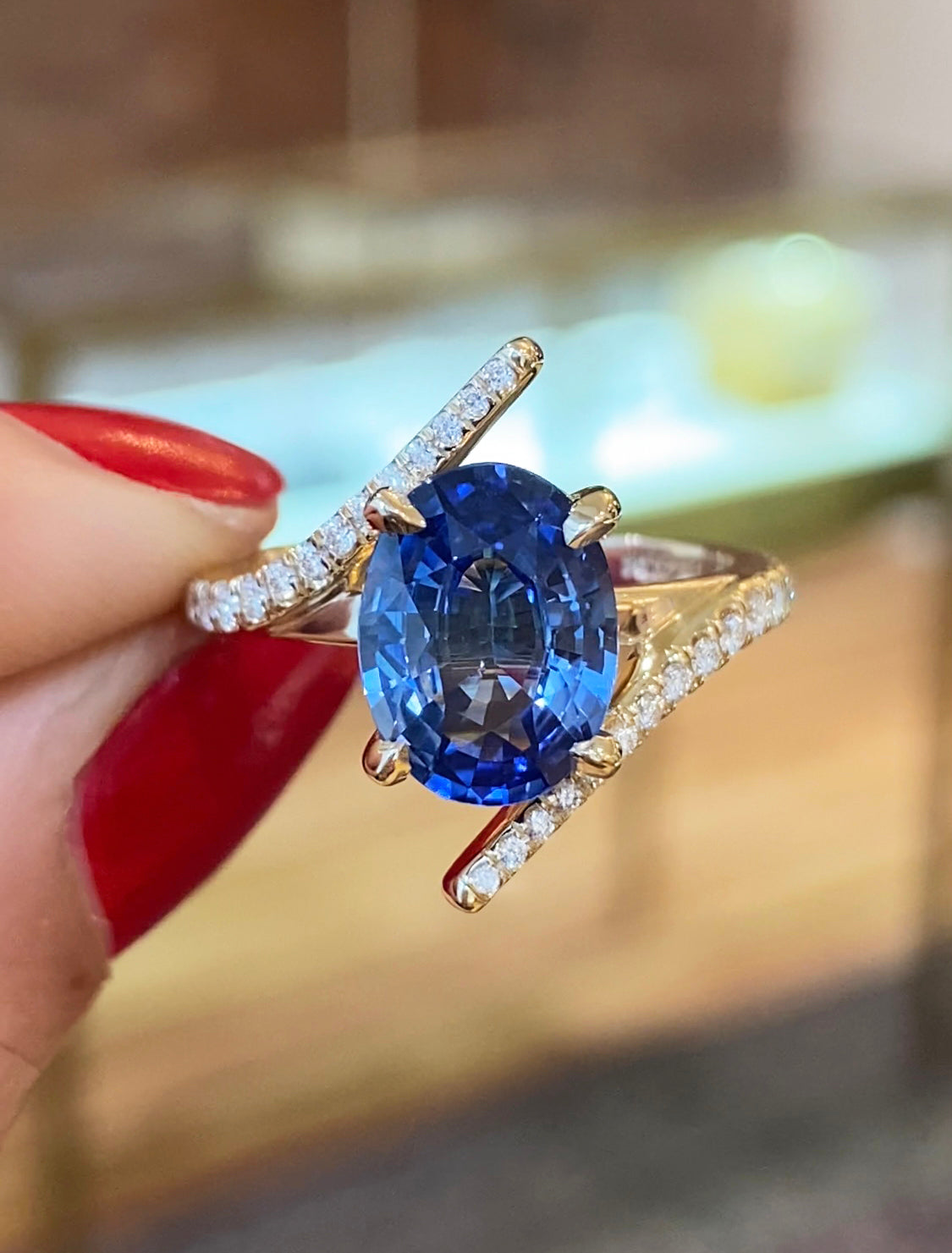 Oval Sapphire Bypass Style Diamond Engagement Ring Ken Dana Design