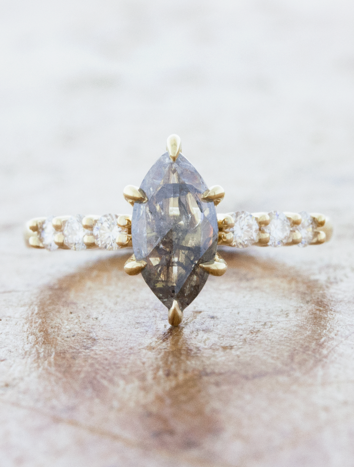 caption:Shown with 0.95ct salt & pepper marquise diamond in 14k yellow gold