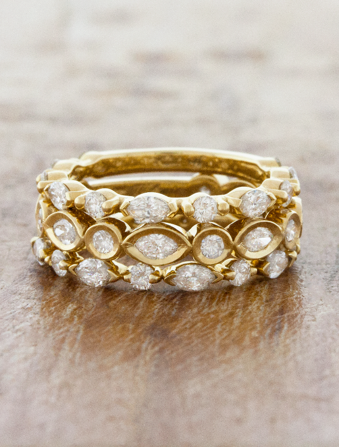 caption:Stacked with Sarah wedding band in 14k yellow gold