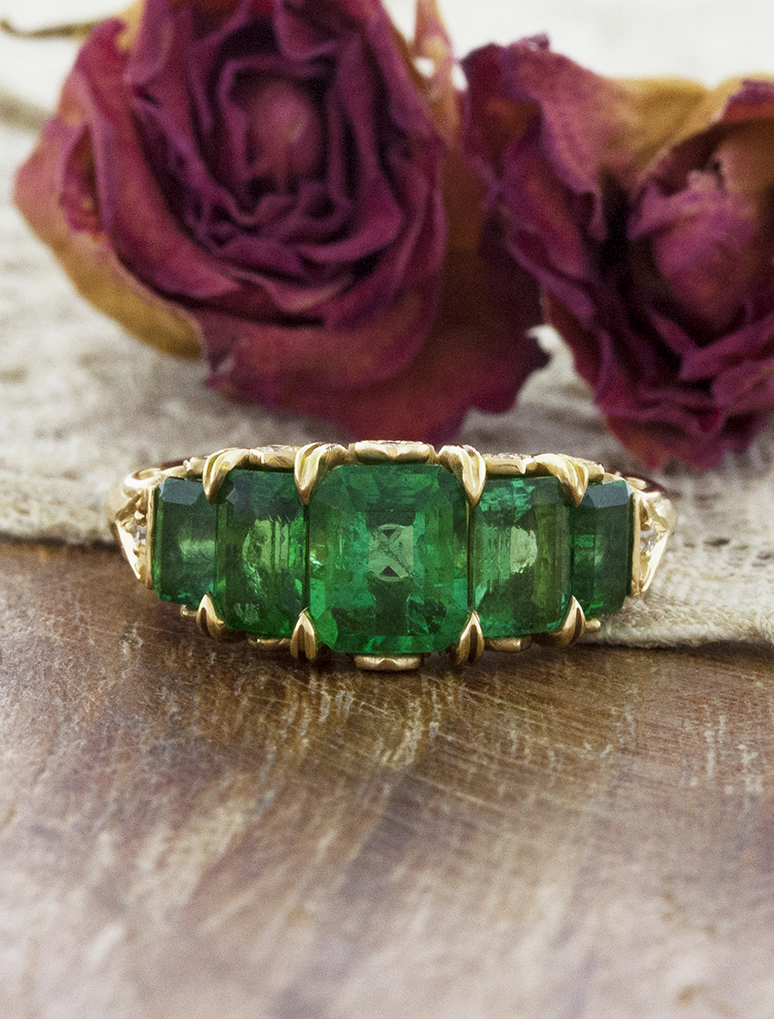 Solene: Vintage Inspired Green Natural Emerald Five Stone Diamond