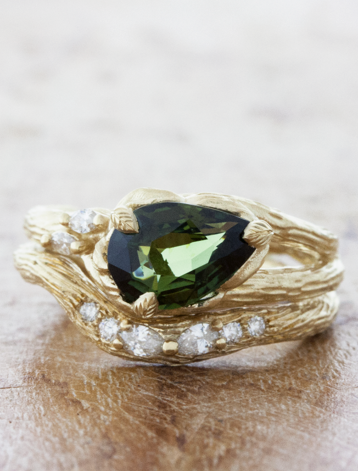 caption:Stacked with Isle wedding band in 14k yellow gold