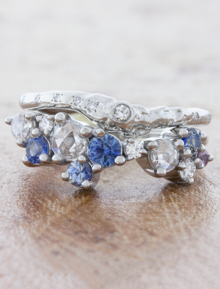 caption:Customized with blue & purple sapphires, stacked with Siduri in platinum