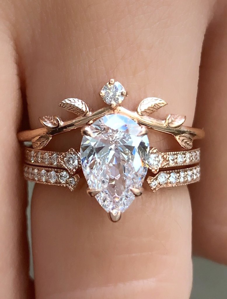 Pear Shaped Diamond Engagement Ring Set with Crown & Leaf Bands Ken & Dana Pear Shaped Diamond Engagement Ring Set with Crown & Leaf Bands Ken & Dana