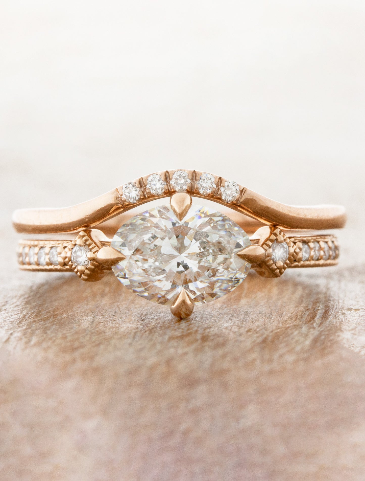 caption:Stacked with Charleen engagement ring in 14k rose gold