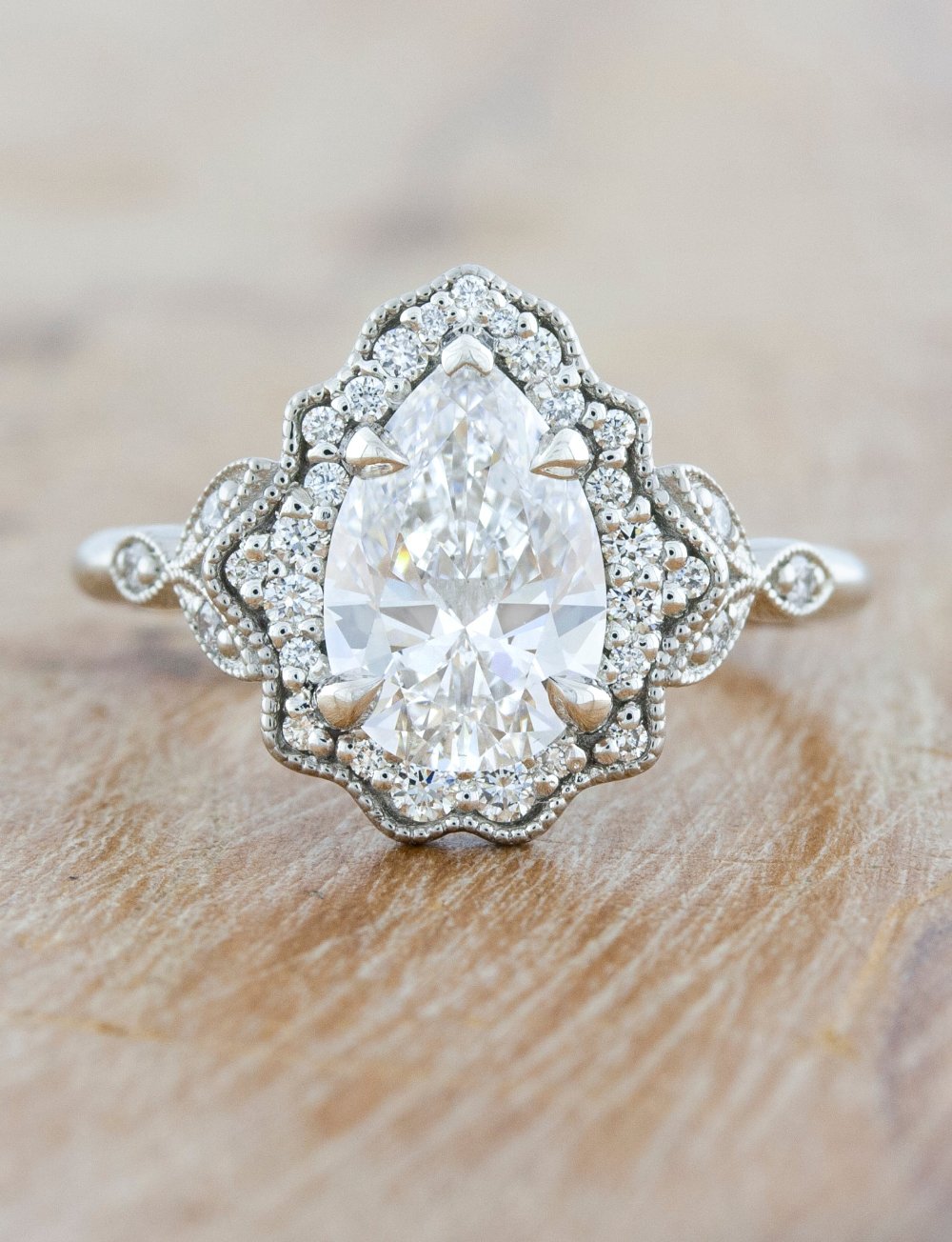 Fiona: Vintage Inspired Pear Diamond Halo Engagement Ring Ken