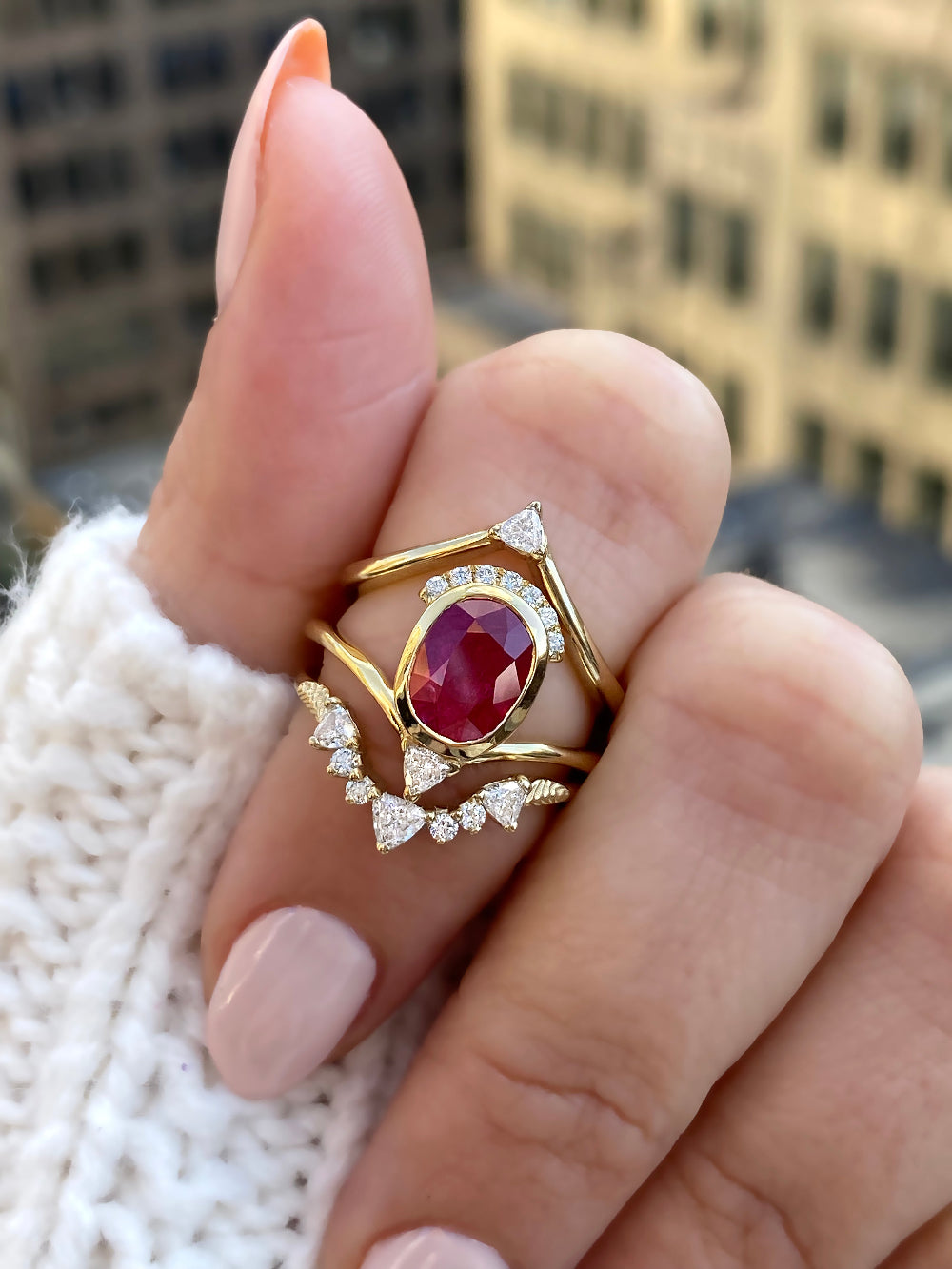 caption:Stacked with Kya & Jaylen wedding bands in 14k yellow gold