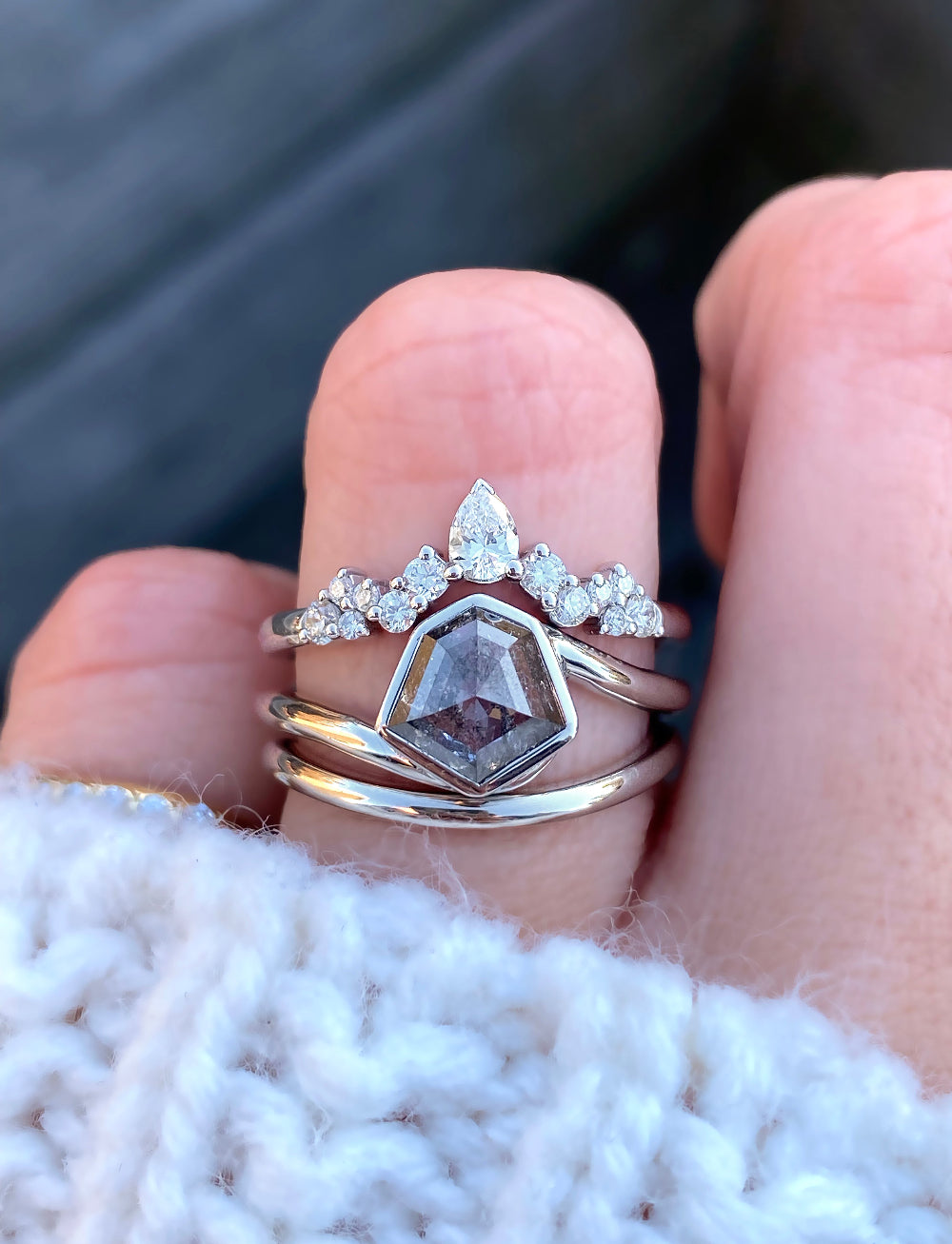 caption:Stacked with Gwen & Bella wedding bands