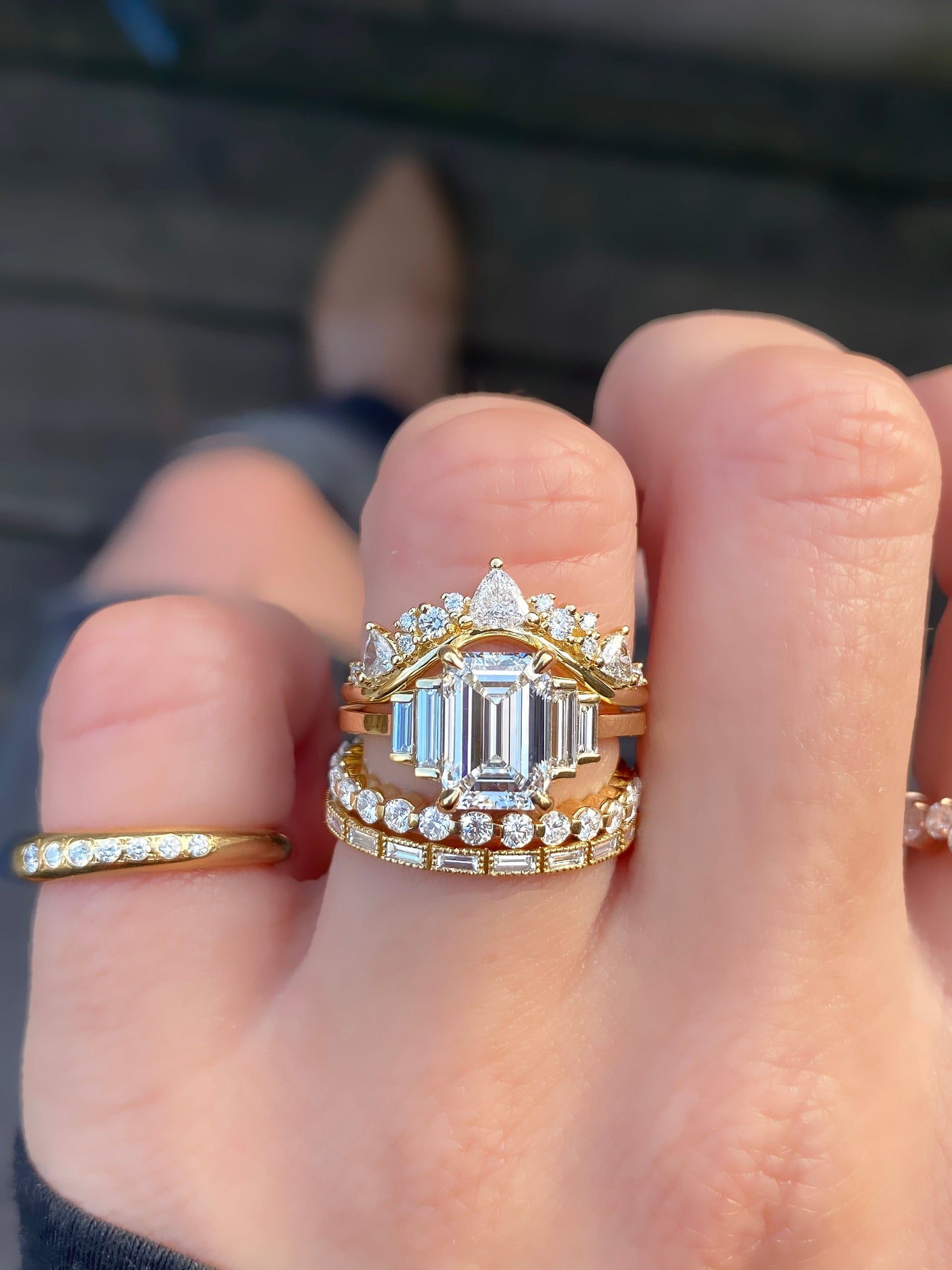 caption:Customized with thinner band, stacked with Tempest, Vic, & Iva wedding bands