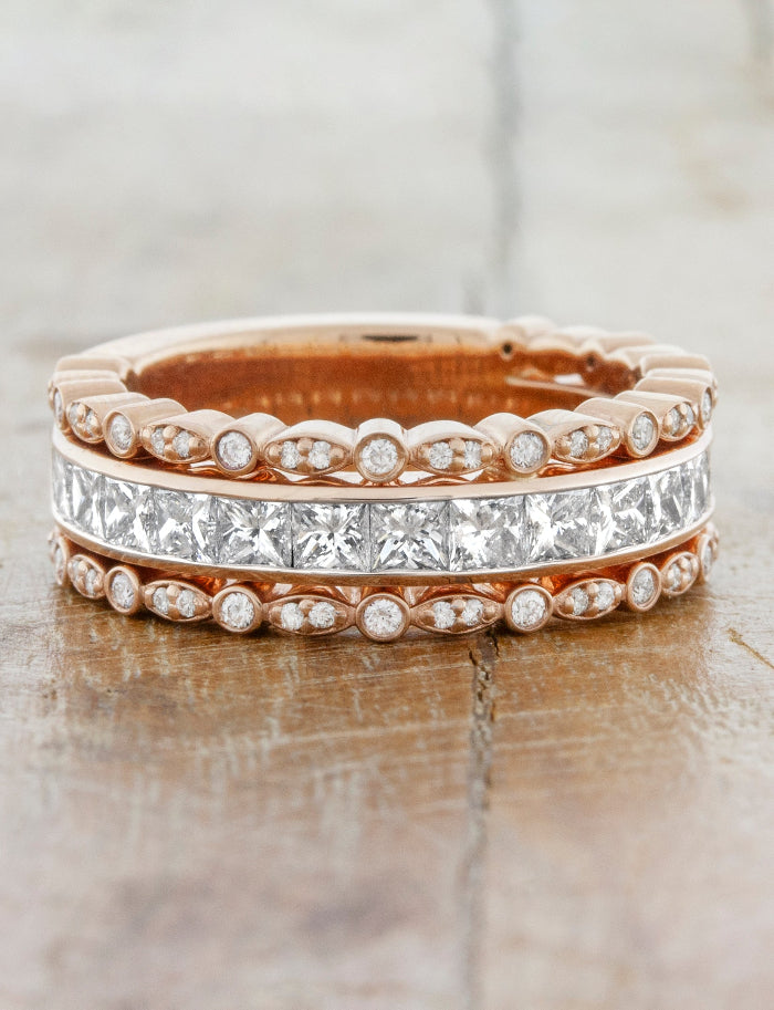 caption:Customized with 2.5mm princess cut diamonds & no milgrain in 14k rose gold