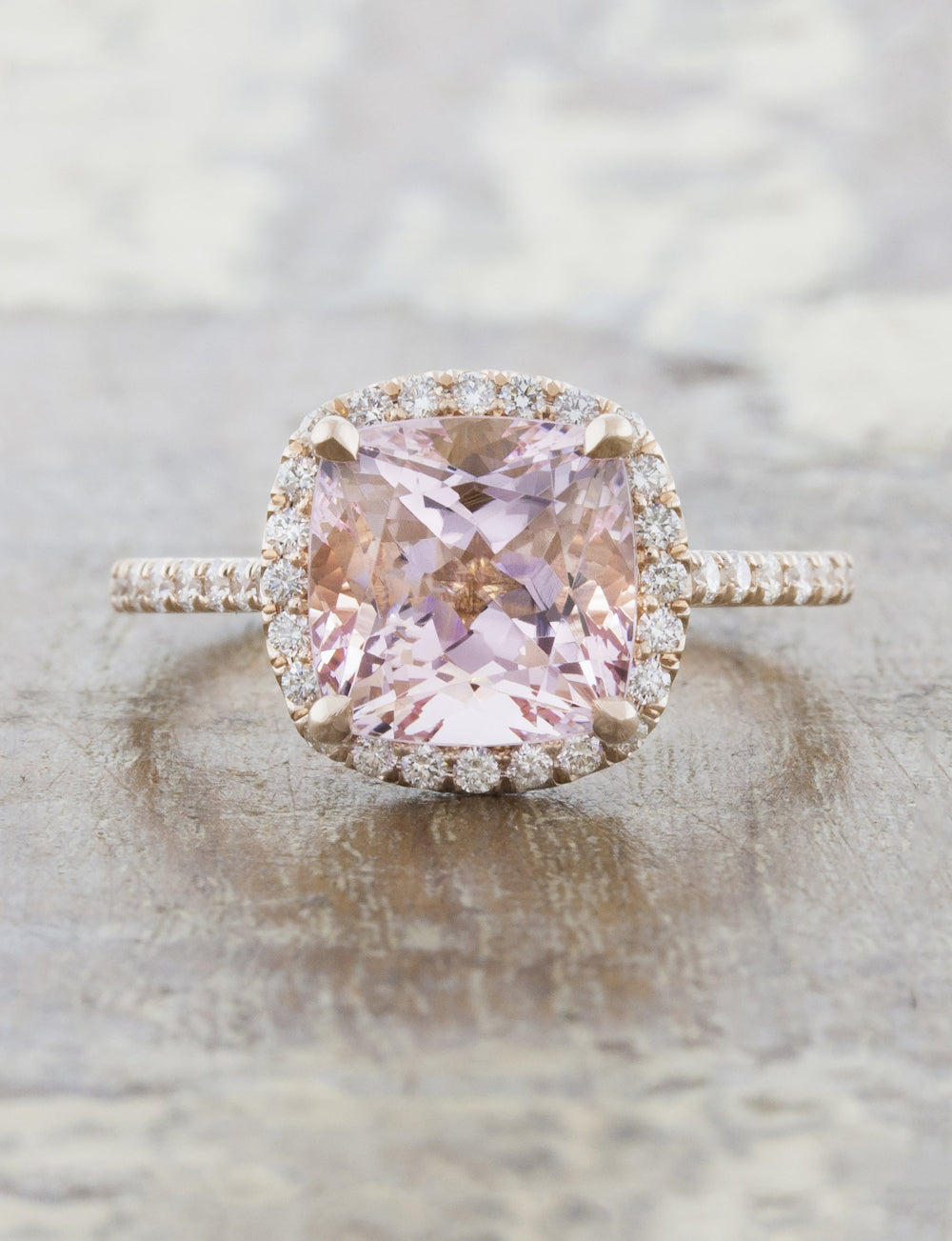 Cushion Cut Morganite Halo Engagement Ring in Rose Gold Ken