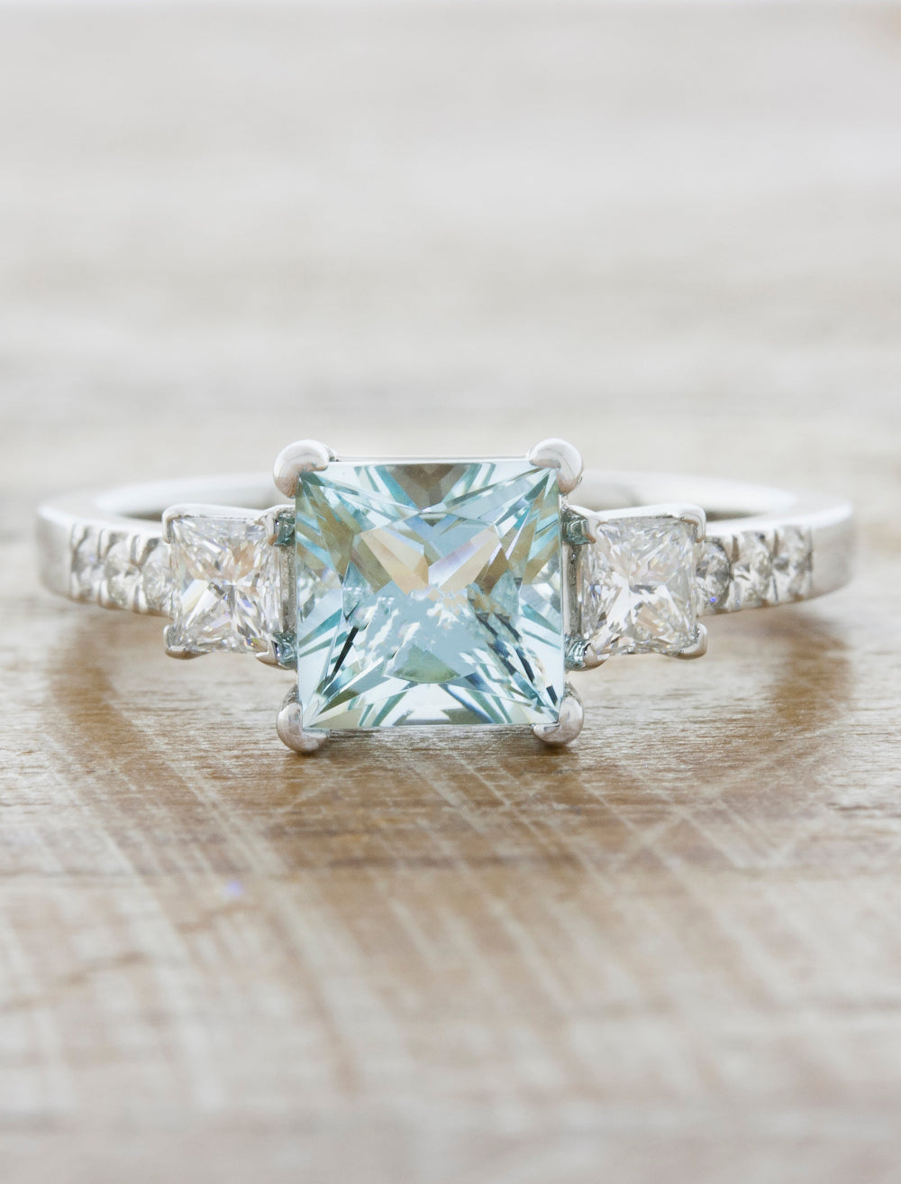 Heatherette: Classic Three Stone Princess Cut Aquamarine Ring