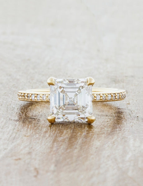 Classic solitaire pave band. caption:Customized with a 2.00ct. Asscher Cut Diamond, 14k Yellow Gold