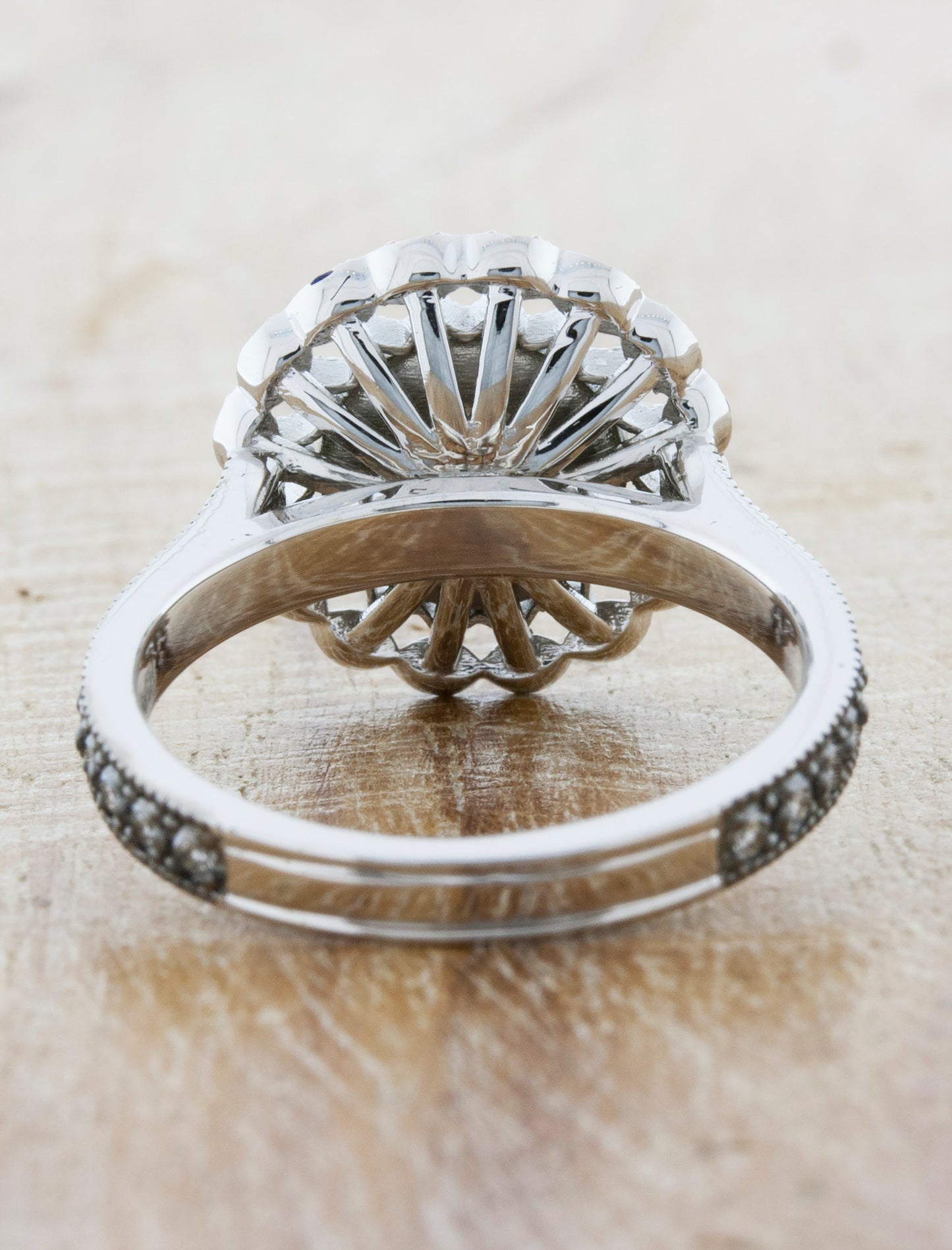 Sapphire Halo Vintage Inspired Engagement Ring - View of Intricate Basket