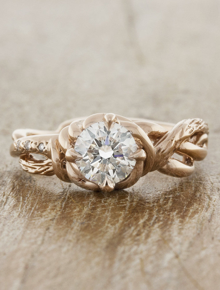 caption:Shown with 0.9ct round diamond, customized with bark texture in 14k rose gold