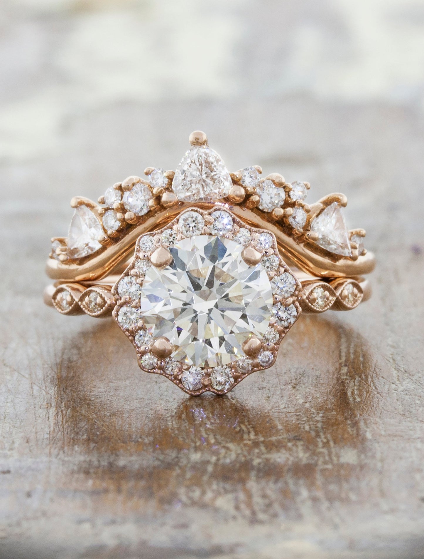 caption:Paired with Tempest wedding band in 14k rose gold