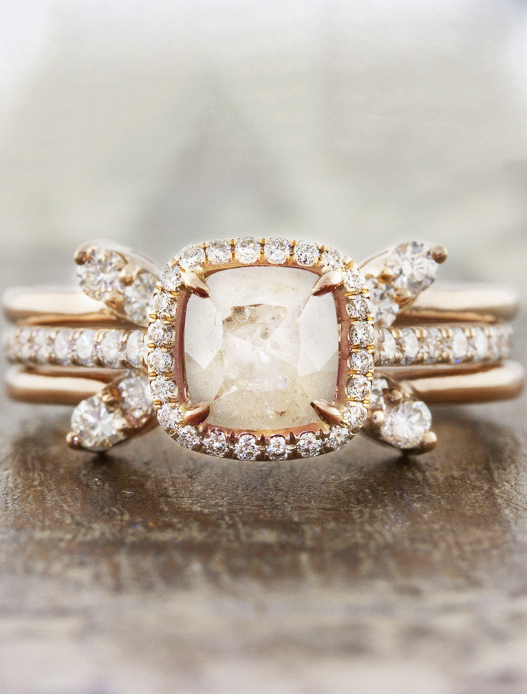 caption:Stacked with Zayda engagement ring in 14k rose gold