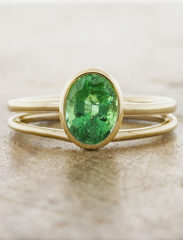 Julianne: Split Shank Bezel Set Emerald Engagement Ring Ken