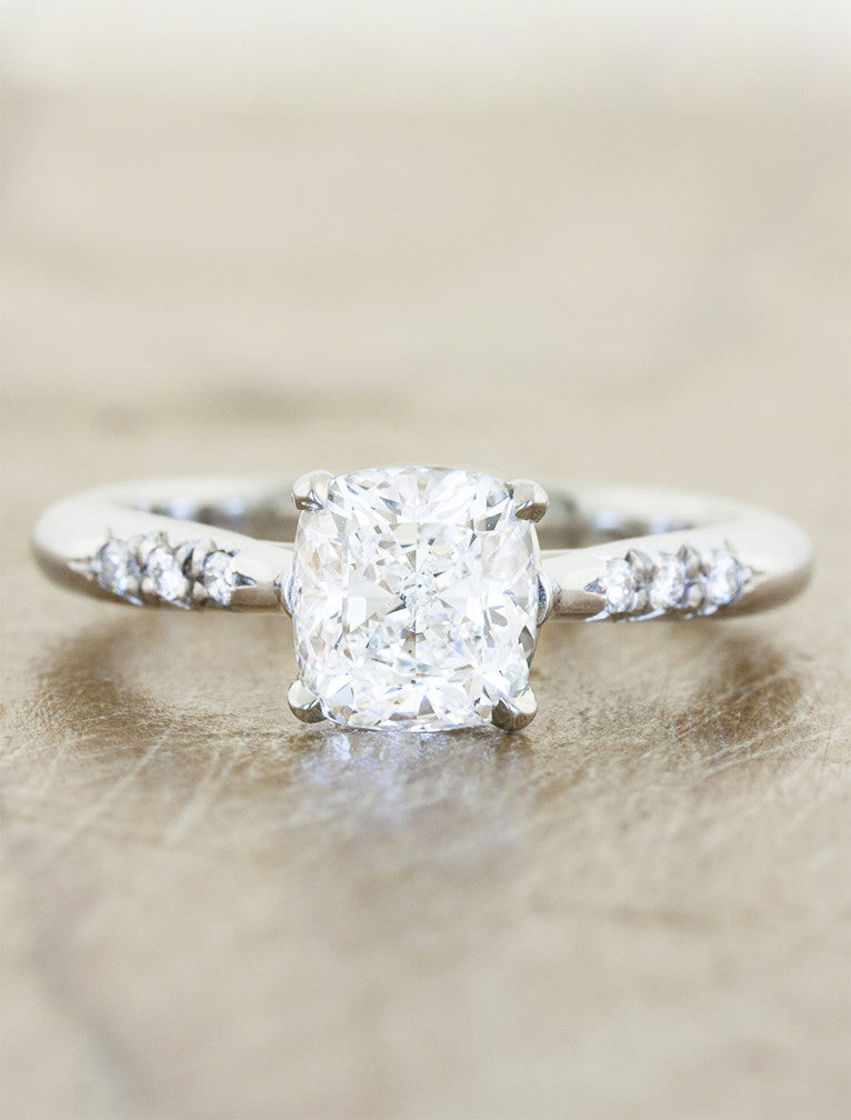 Unique vintage inspired engagement ring. caption:Customized with 1.25ct. Cushion Cut Diamond 14k White Gold