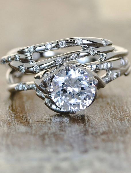 sculptural split shank organic shaped wedding band - paired with engagement ring. caption:Shown with Daya engagement ring