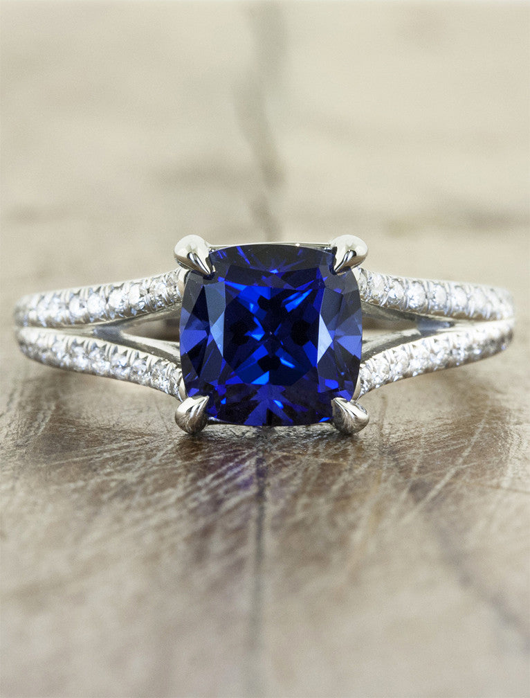 caption:Customized with cushion cut blue sapphire in platinum