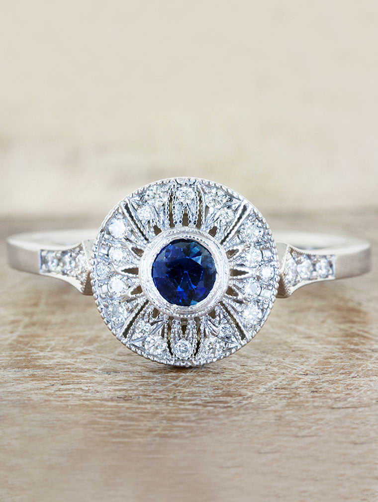 Vintage inspired engagement ring, caption:0.15ct. Round Sapphire 14k White Gold