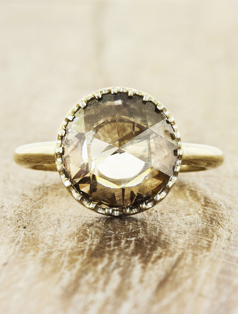 caption:Shown with round rose cut cognac diamond in 14k yellow gold