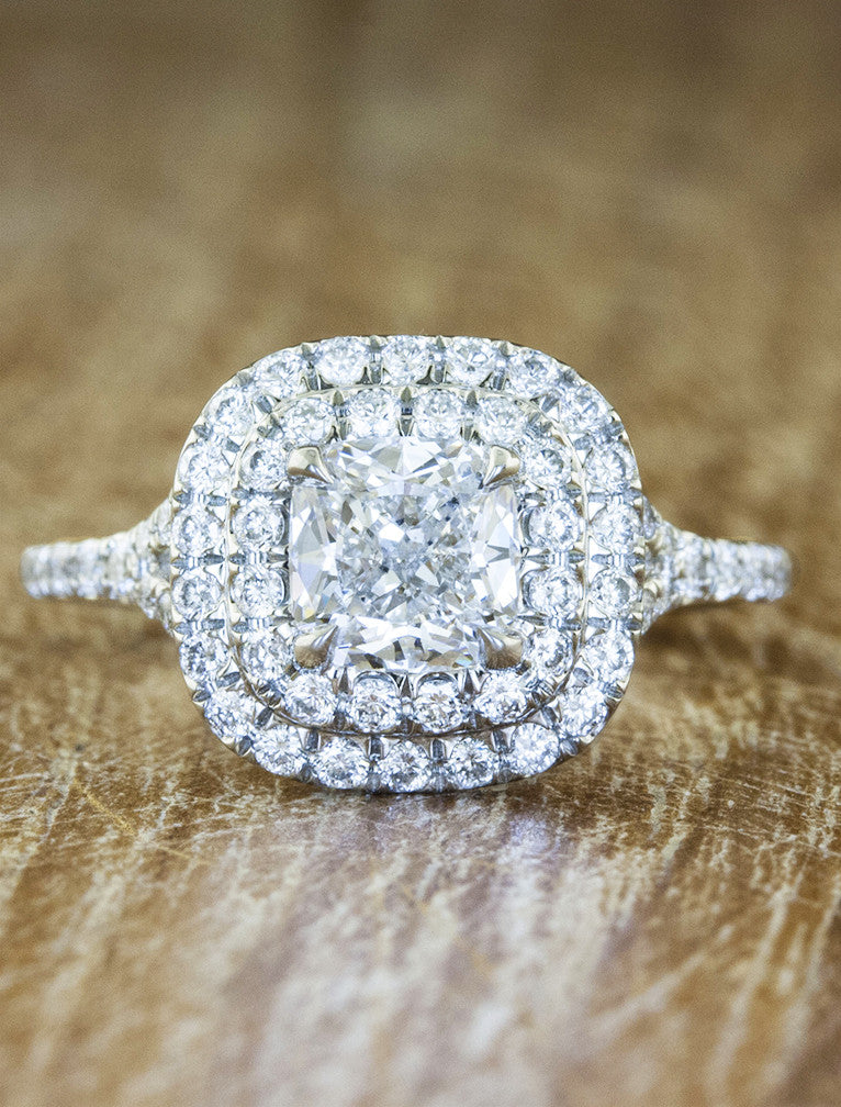 Double halo cushion cut diamond ring Clearance