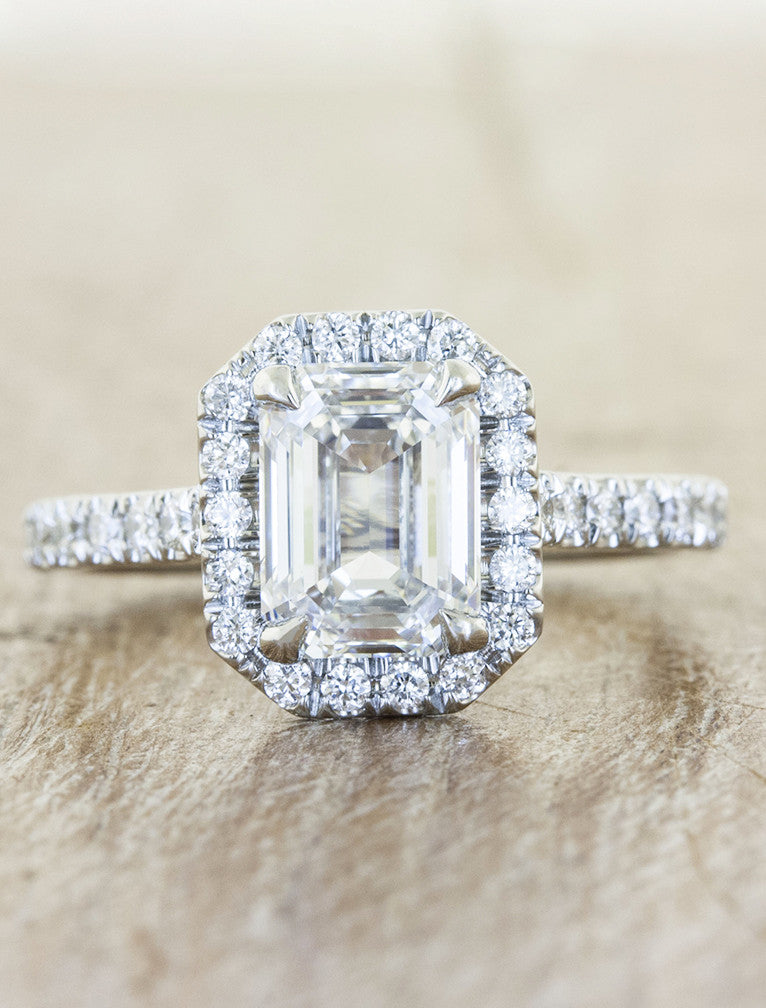 Vallie: Emerald Cut Diamond, Cathedral Halo Setting Ring Ken