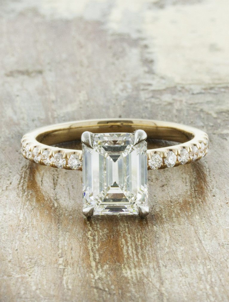 caption:Shown with 1.50ct emerald cut diamond in mixed 14k yellow gold & platinum