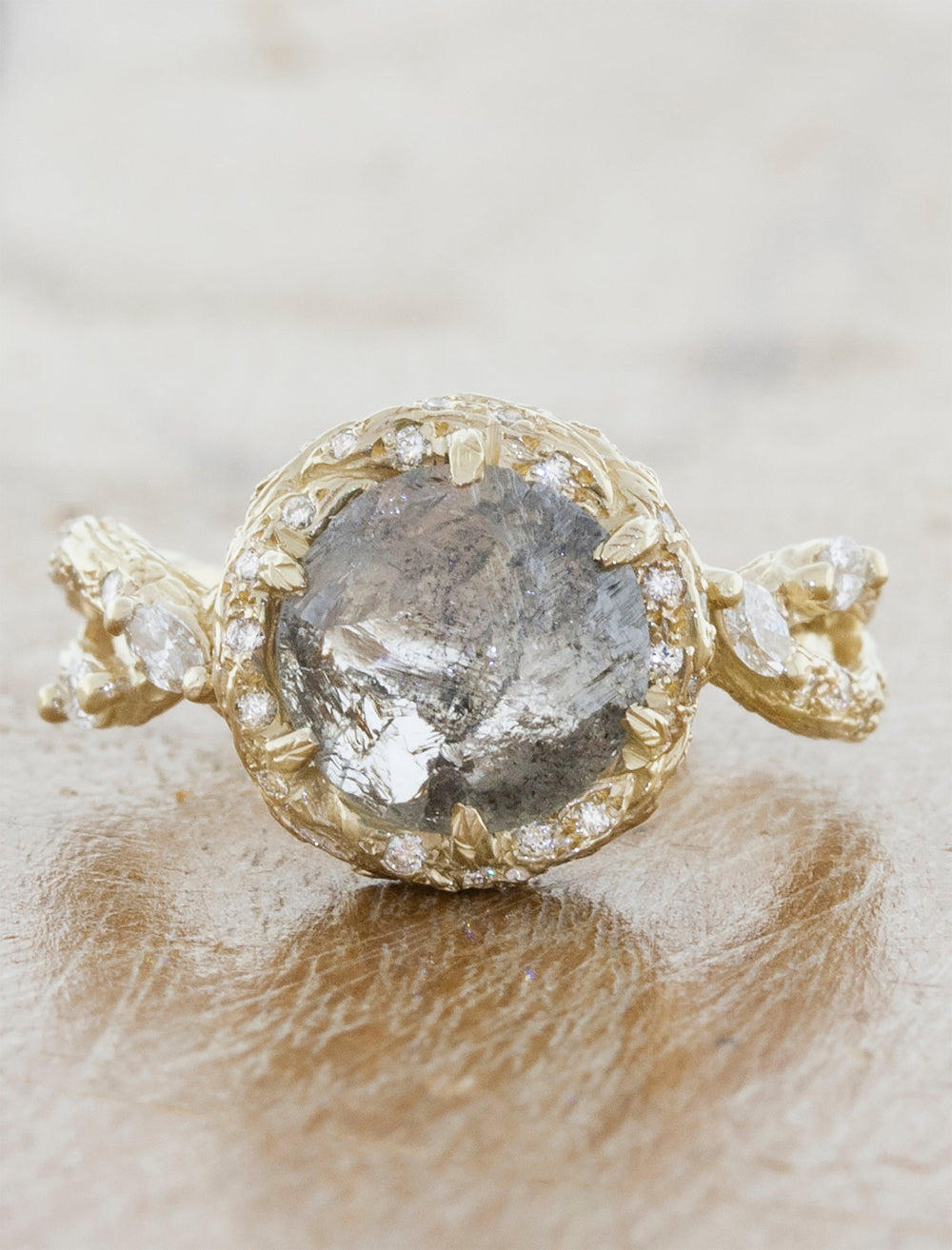 caption:Customized with rough grey diamond in 14k yellow gold