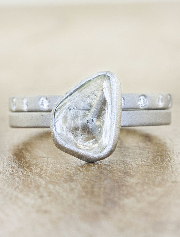 organic shaped uncut diamond bezel setting, matching band