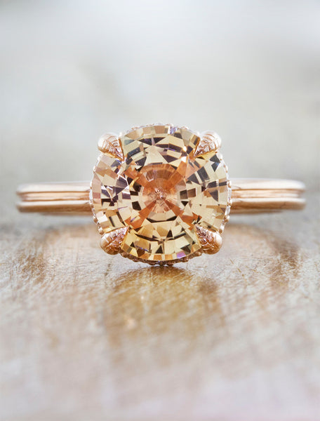 Nature inspired solitaire double band;caption:2.10ct. Round Sapphire 14k Rose Gold