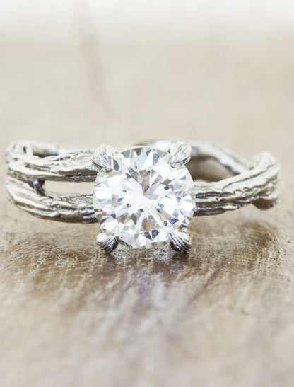 split shank tree bark diamond solitaire engagement ring;caption:1.10ct. Round Diamond Platinum