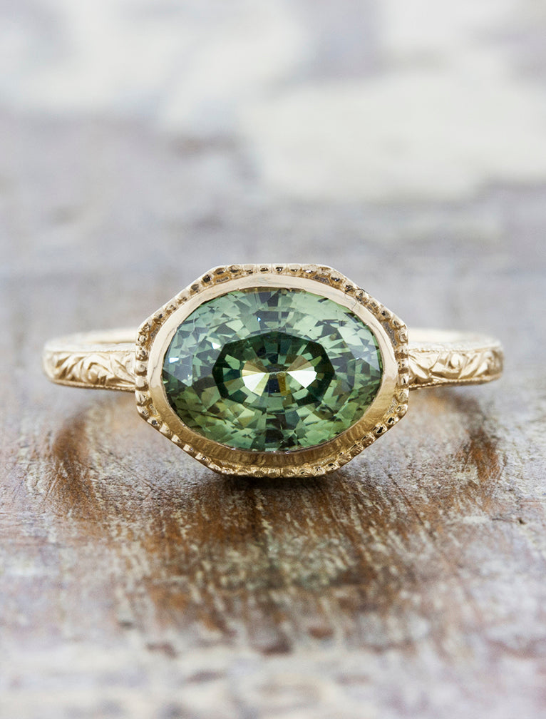 Reveniss: Intricate Oval Blue-Green Sapphire Ring Ken  Dana Design