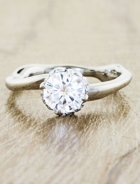 wave band diamond solitaire engagement ring;caption:0.75ct. Round Diamond 14k White Gold