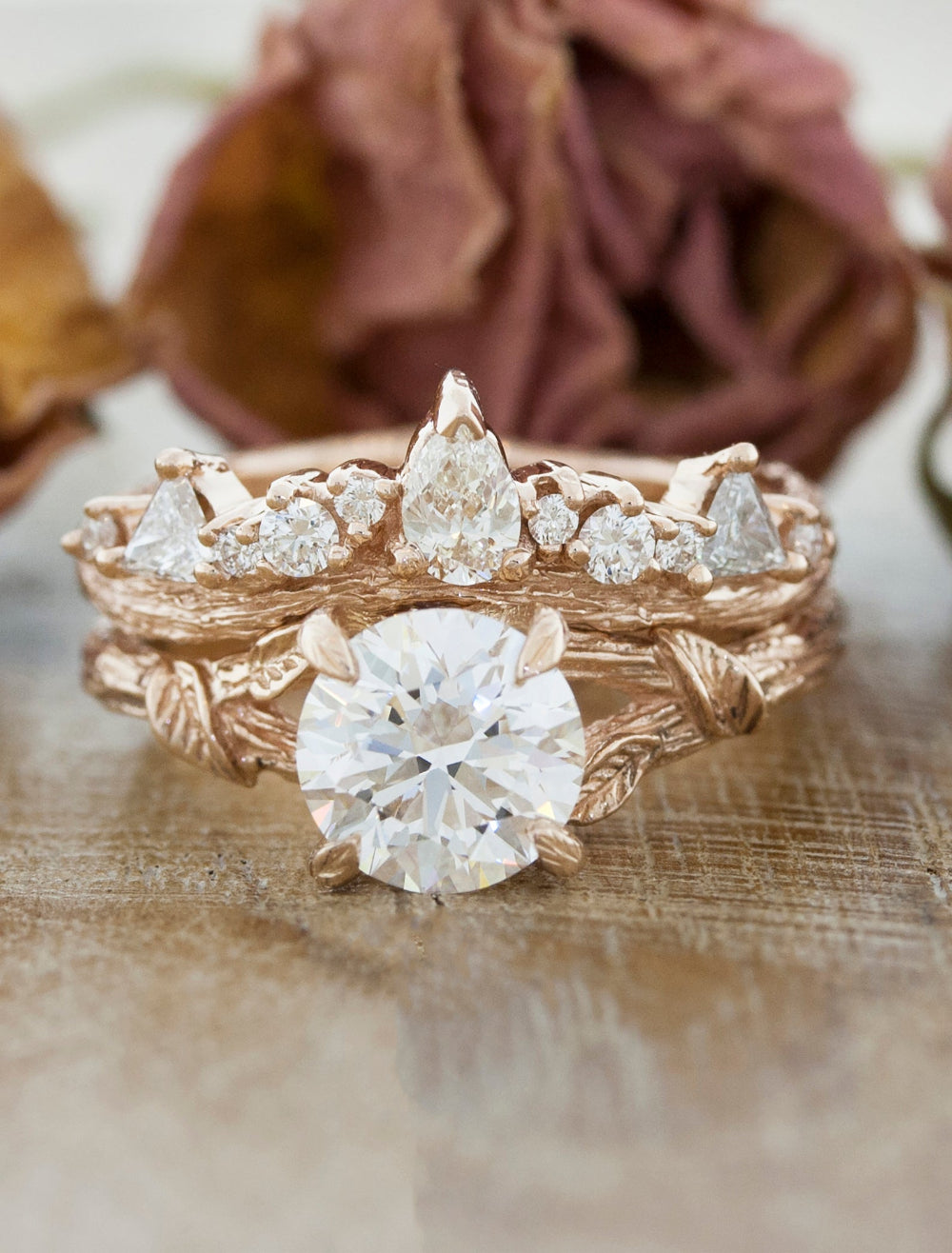 caption:Stacked with Adelia engagement ring in 14k rose gold