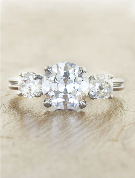 old european cut diamond - three stone engagement ring, double platinum band