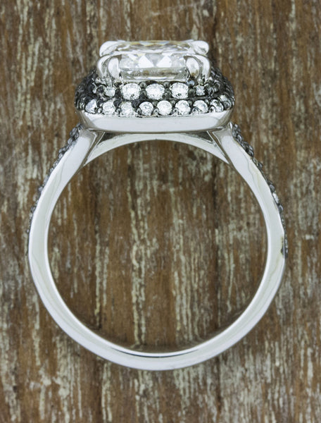 double halo, cushion cut diamond engagement ring with black rhodium accents - top view