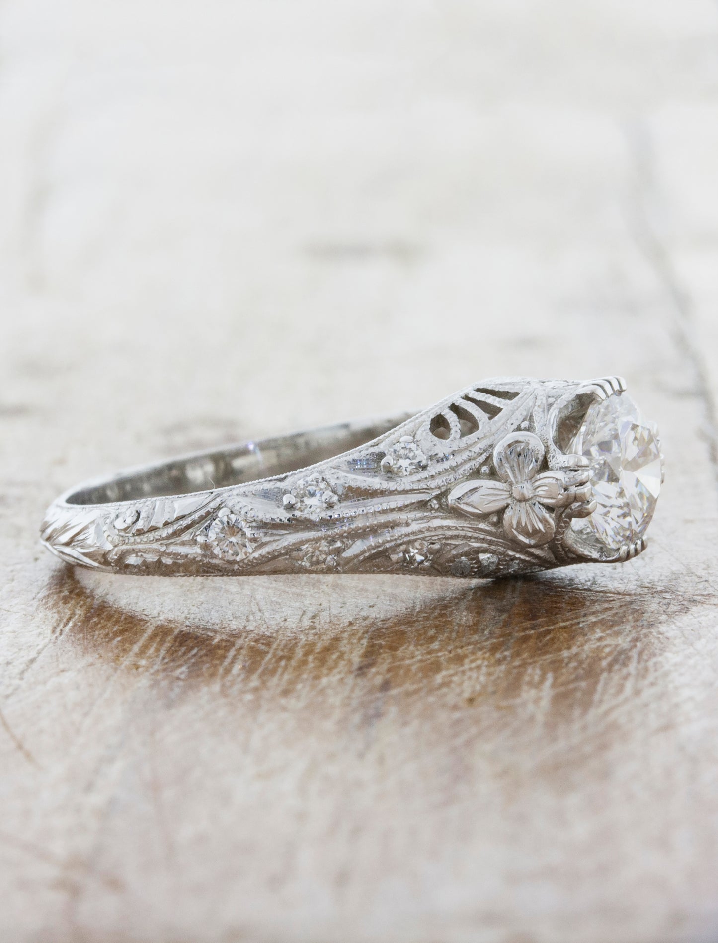 Vintage-Inspired Hand Engraved Engagement Ring - profile view of detail