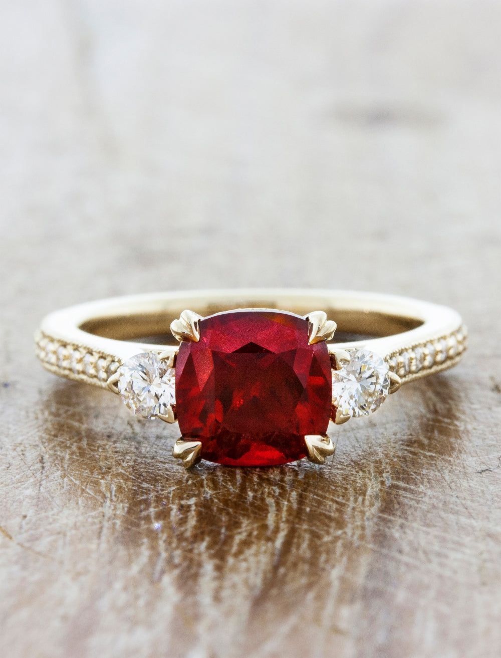 Delexie: Three-Stone Cushion-Cut Ruby Ring with Pave Band Ken