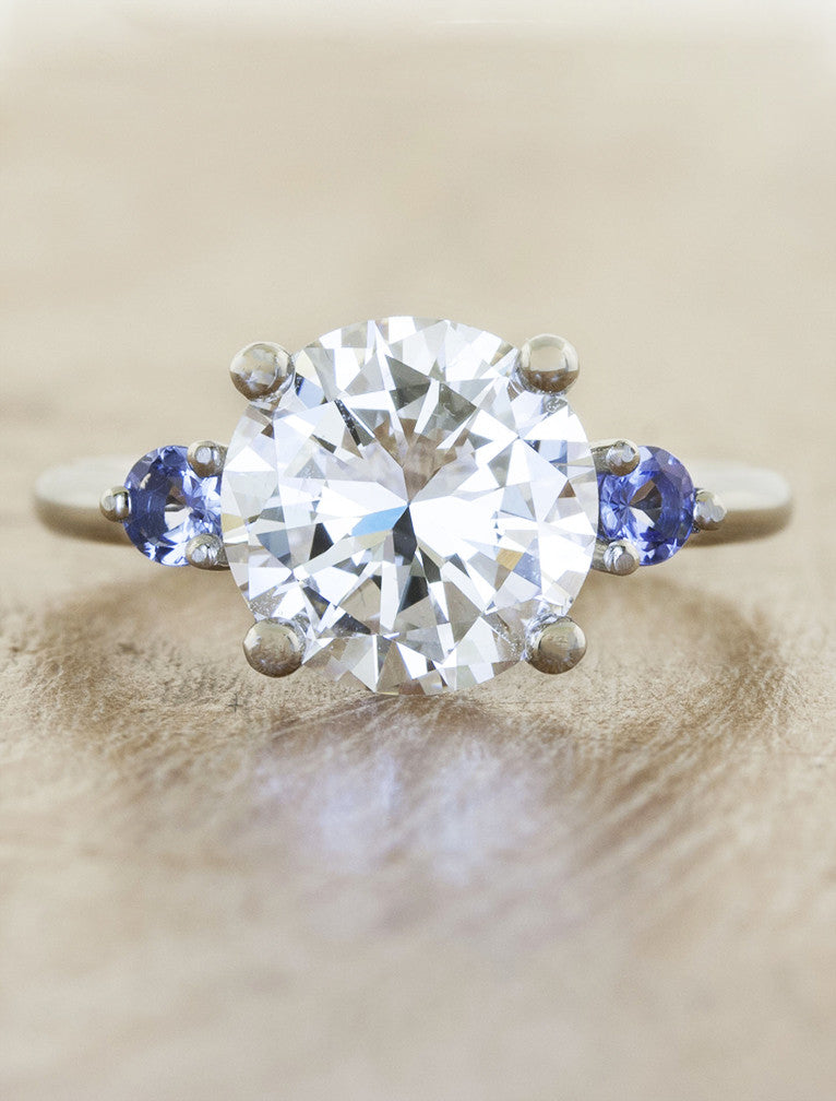 Karen: Three Stone Round Diamond Ring, Purple Sapphires Ken