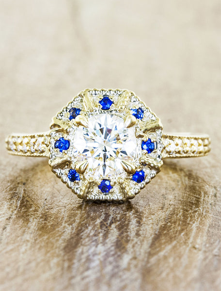 art deco inspired diamond engagement ring;caption:0.75ct. Round Diamond 18k Yellow Gold