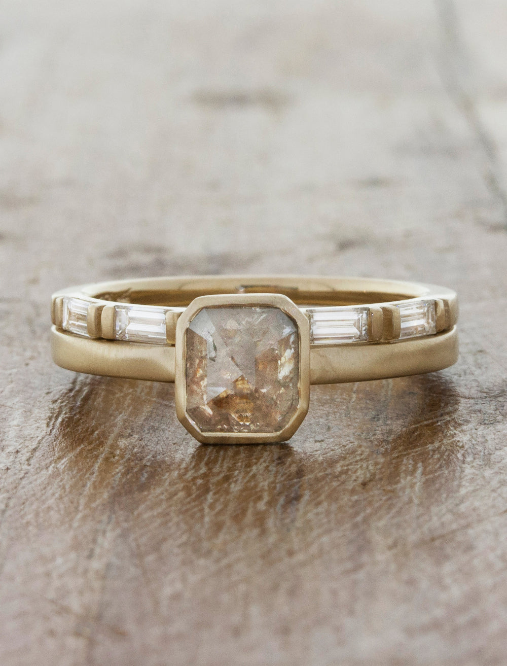 caption:Customized with rough diamond, stacked with Lexus wedding band in 14k yellow gold