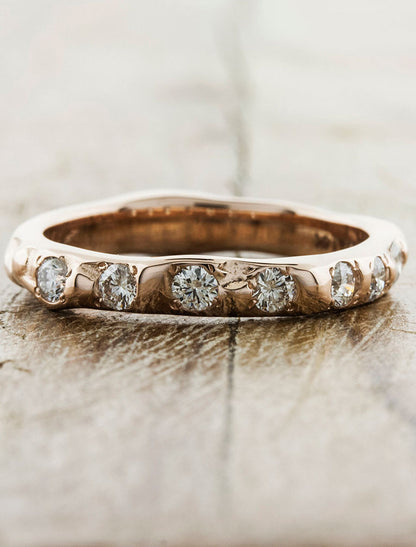 rustic textured 7 diamond wedding band - rose gold