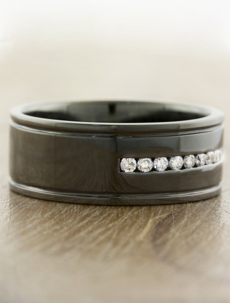8mm dark platinum men's wedding band with diamonds