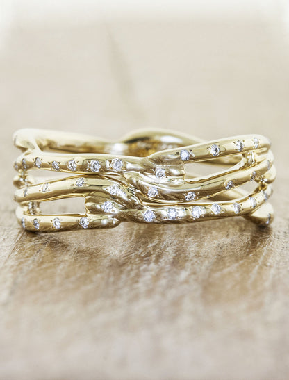 multi strand, split shank diamond accented wedding band - yellow gold. caption:Shown in 14k yellow gold