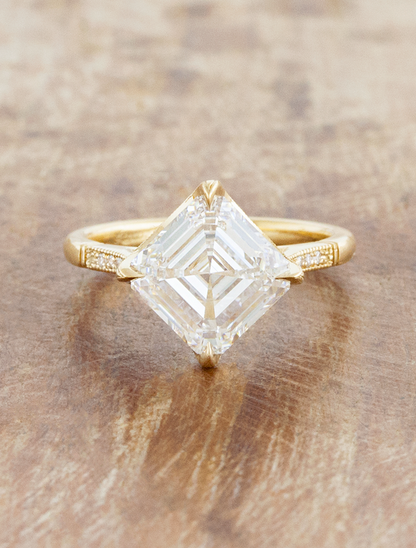 caption:Shown with 3ct Asscher cut in 18k yellow gold