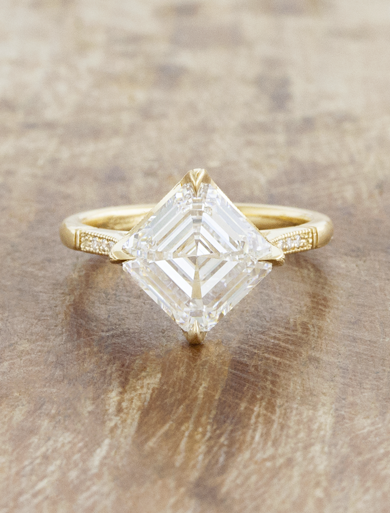 caption:Shown with 3ct Asscher cut in 18k yellow gold